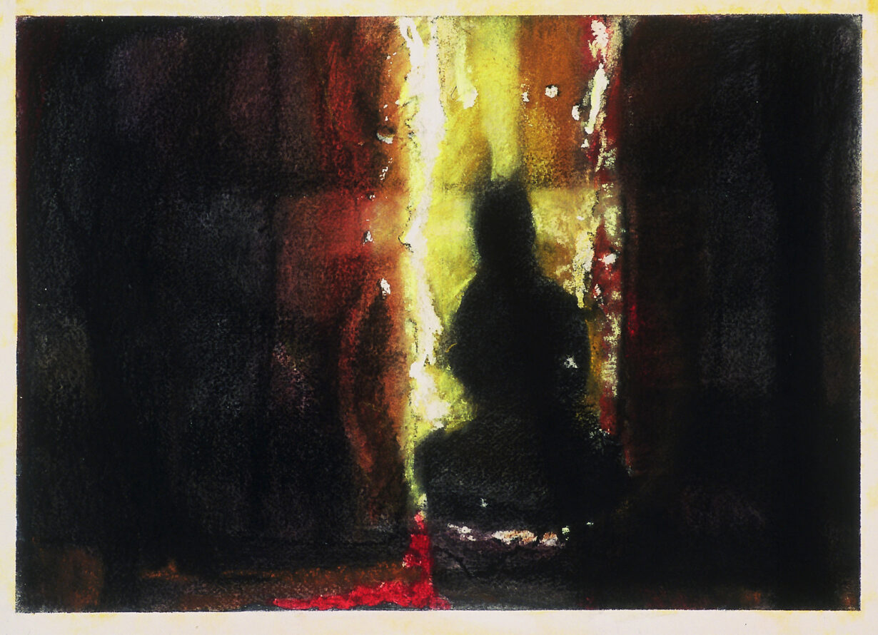 The drawing "For Thich Quang Duc" by Randall Stoltzfus, Raw pigment and pastel on paper, 17.25 by 25.5 inches.