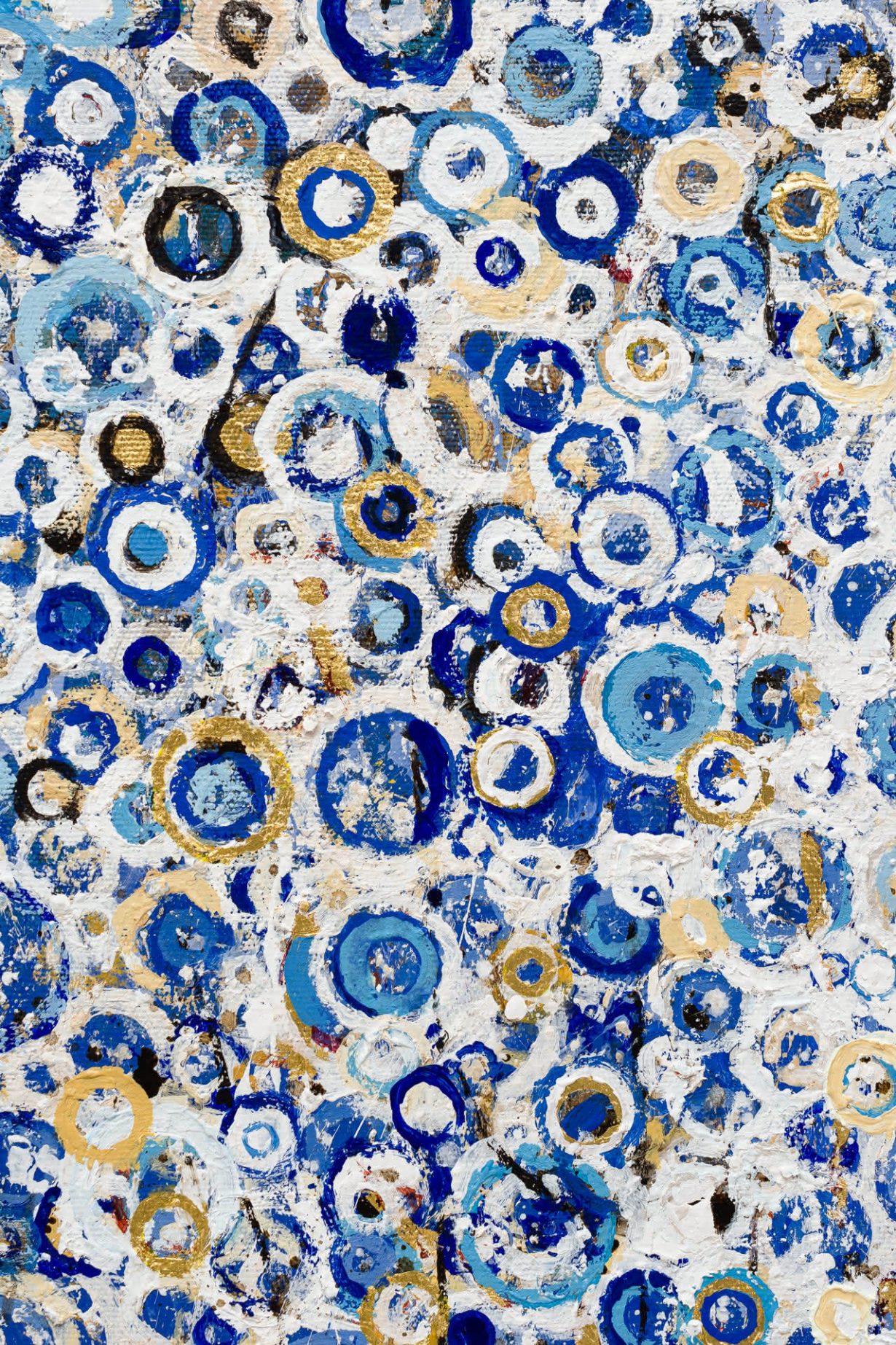 Close-up detail of 'Eighth' showing overlapping circular marks in various shades of blue with touches of gold leaf, creating a dense, textural pattern