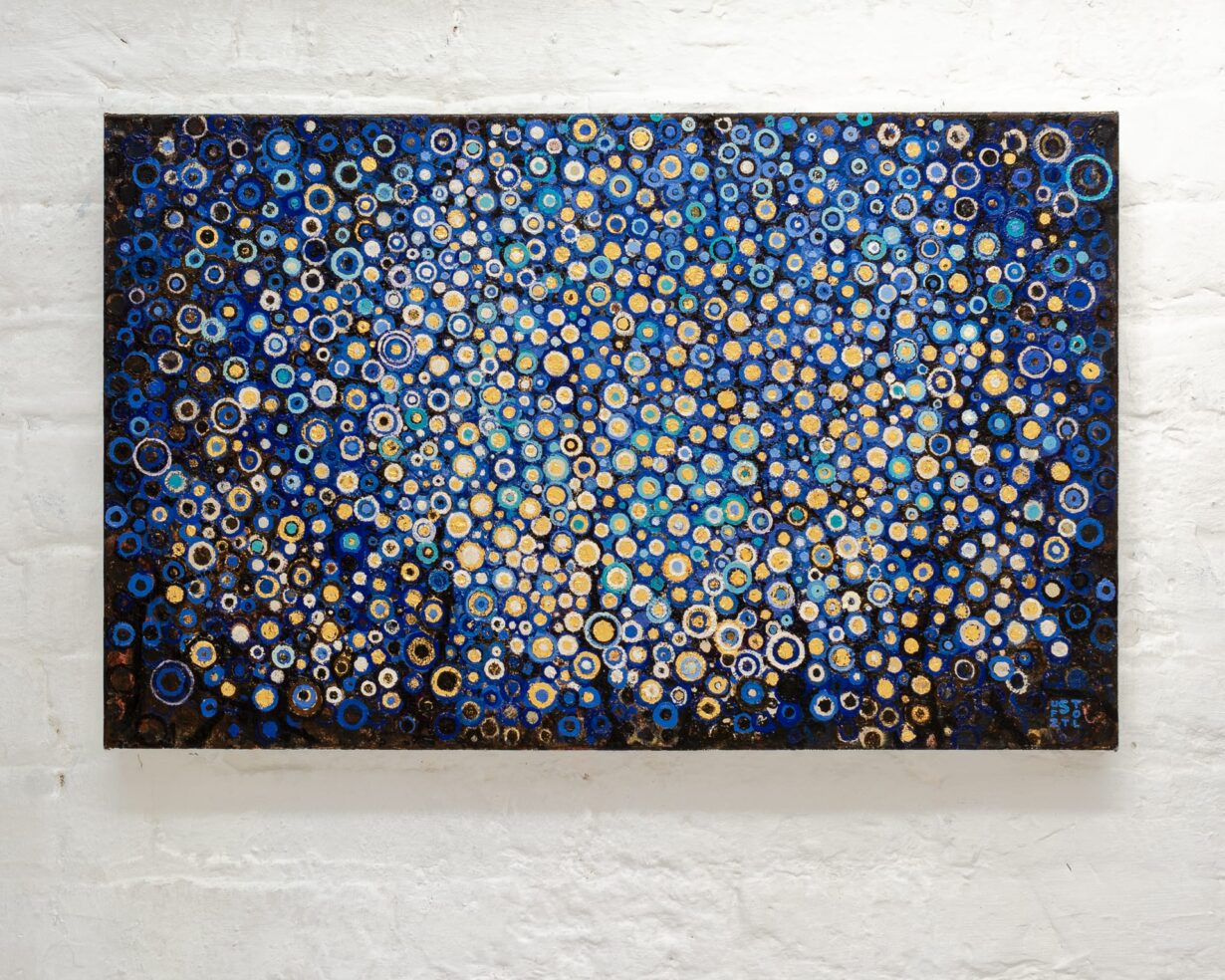Blue and Gold | This ultramarine blue and gold leaf painting is composed many hand painted circles evocative of a summer night | The oil painting titled Vigil by Randall Stoltzfus on studio wall