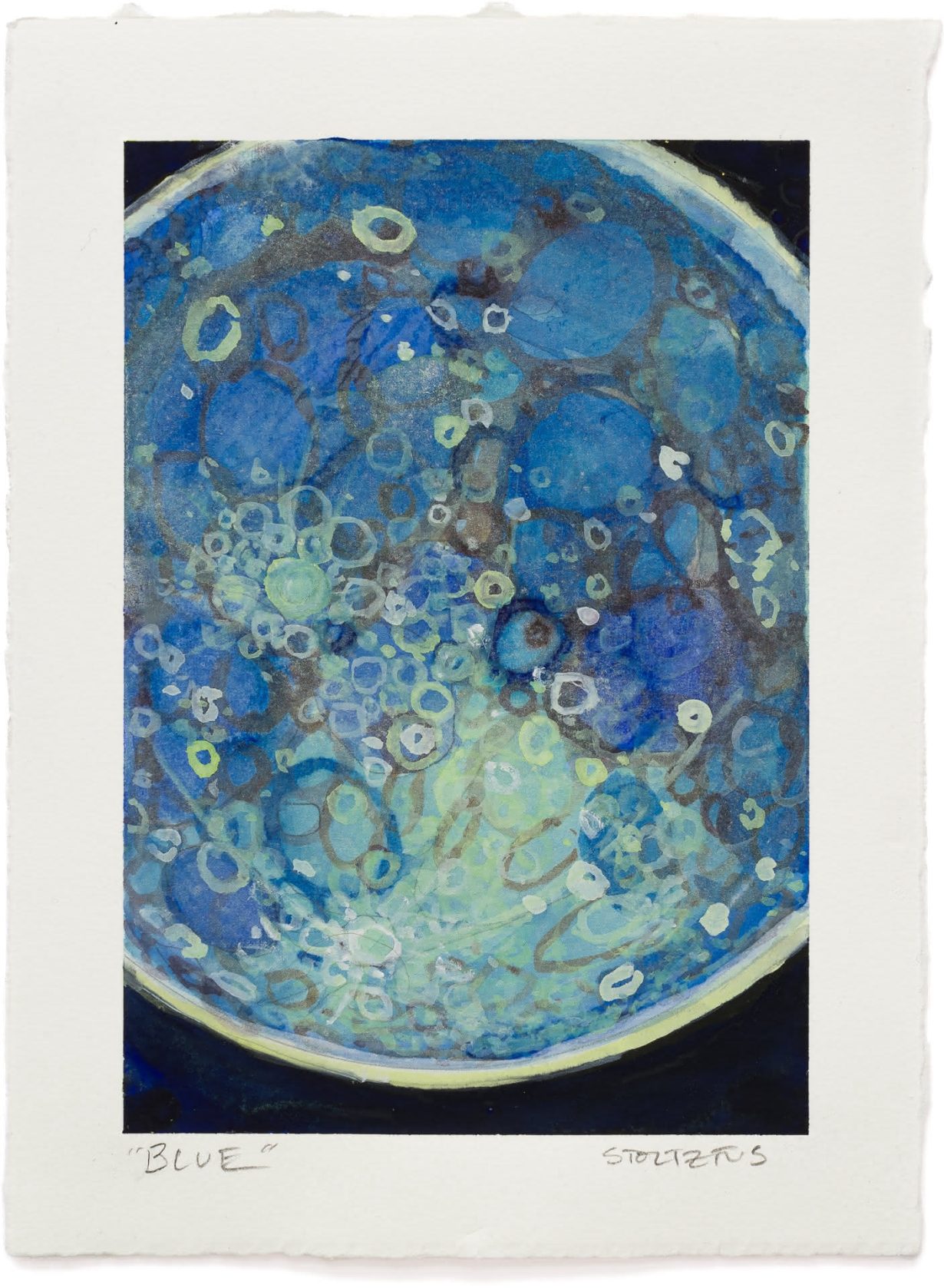 A circular composition fills the rectangle of this image with intricate patterns of blue and pale green circles suggesting the moon's surface features. The artwork is centered on white paper with the title "BLUE" and the signature of the artist Randall Stoltzfus below